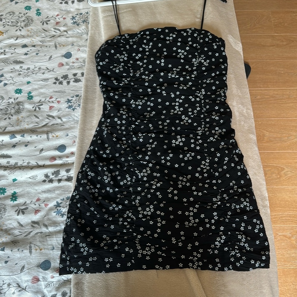 Rouched black and white floral dress